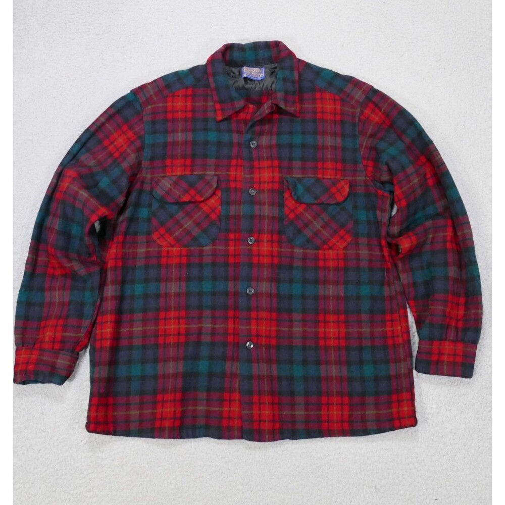 Vintage 70s Pendleton Wool Board Shirt Mens Large Plaid Loop Collar